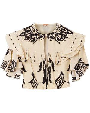Johanna Ortiz Cropped Ruffled Printed Silk-Chiffon Top - Metallic