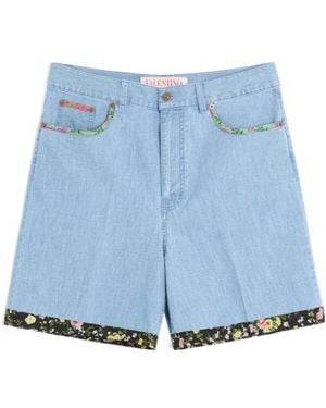 Valentino Floral-Trim Denim Shorts - Blue