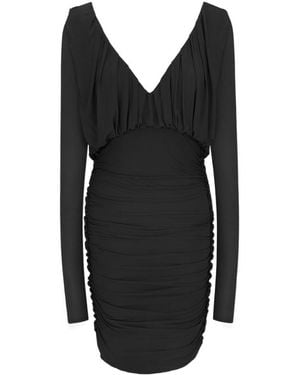 Saint Laurent V-Neck Draped Long-Sleeved Dress - Black