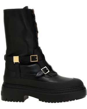 Fendi Logo Plaque Lace-Up Biker Boots in Black | Lyst