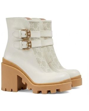 Gucci Gg Supreme Buckle Ankle Boots - White