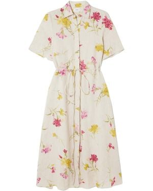 Erdem Belted Floral-Print Linen Midi Shirt Dress - White