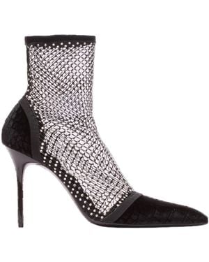 Balmain Mesh Heeled Ankle Boots With Velvet And Rhinestones - Brown