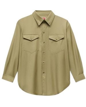 KENZO Logo Embroidered Buttoned Overshirt - Green