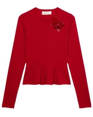 Blumarine Jumper With Patent Leather Brooch And Undulated Hem - Red