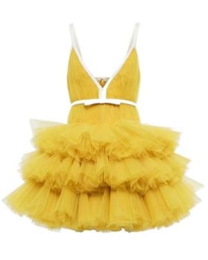 Giambattista Valli V-Neck Ruffled Tulle Minidress - Yellow