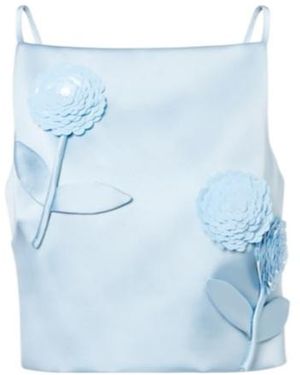 Self-Portrait Floral-Appliqué Sequined Cropped Satin Top - Blue