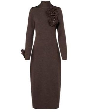 Oscar de la Renta Floral-Appliqué Wool-Blend Midi Dress - Brown
