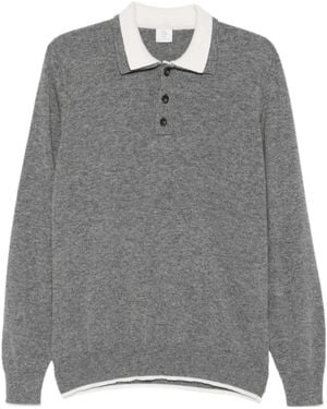 Eleventy Contrast-Collar Long-Sleeve Polo Shirt - Grey