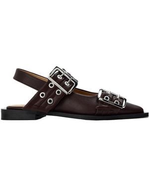 Ganni Leather Slingback Flat Mules - Black