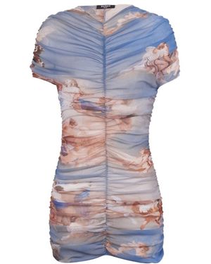 Balmain Sky Printed Gathered Tulle Dress - Blue