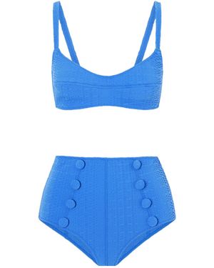Lisa Marie Fernandez Button-Embellished Seersucker Balconette Bikini - Blue