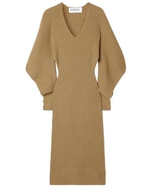 Lanvin Digged Cut Tape Embellished Ribbed Mid-Length Dress - Natural