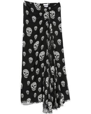 McQueen Skull-Print Draped Maxi Skirt - Black