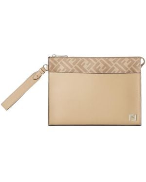 Fendi Logo Plaque Zipped Clutch Bag - Natural