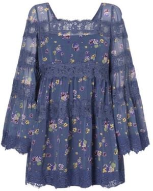 Anna Sui Pleated Floral-Print Lace-Trimmed Chiffon Mini Dress - Blue