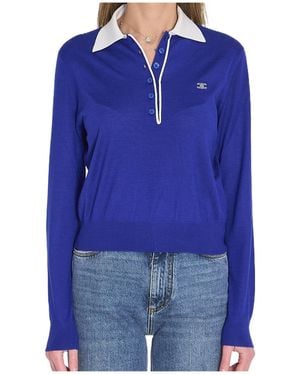 Celine Cashmere And Silk Polo Shirt With Logo Embroidery On The Front - Blue