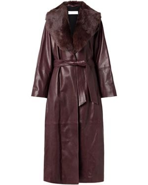 Nour Hammour Briona Belted Shearling-Trimmed Leather Coat - Red