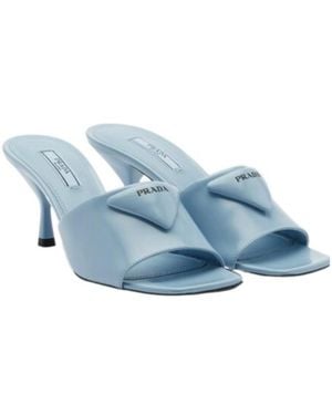 Prada Brushed Leather Heeled Slides - Blue