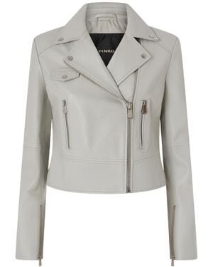 Pinko Logo Detailed Zipped Leather Jacket - Grey
