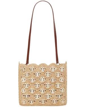 Rabanne Leather-Trimmed Embellished Woven Raffia Shoulder Bag - Metallic