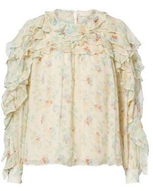 Ulla Johnson Willow Ruffled Floral Silk Blouse - Natural