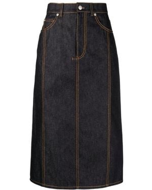 McQueen Contrast-Stitching Denim Midi Skirt - Black