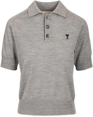 Ami Paris Logo Embroidered Knitted Polo Top - Grey