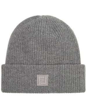Fendi Logo Patch Ribbed Beanie - Grey