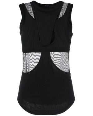 Balmain Sleeveless Mix Jersey Mesh Cut Out Top - Black