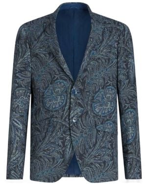 Etro V-Neck Floral Printed Blazer - Blue