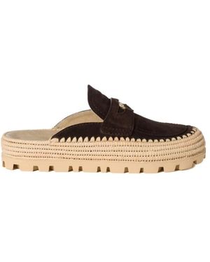 Miu Miu Suede And Raffia Flatform Mules - Metallic