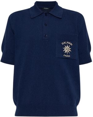 Balmain Short-Sleeved Ribbed Sun Polo Shirt - Blue