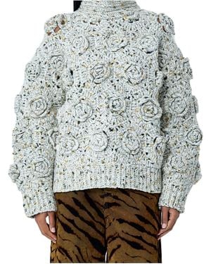 Ganni Floral Crochet High-Neck Jumper - Grey