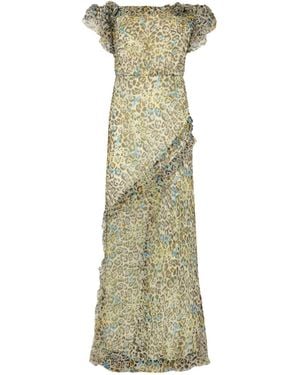 Saloni Nina Off-The-Shoulder Ruffled Printed Silk Gown - Green
