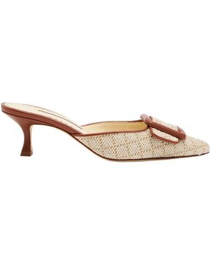 Manolo Blahnik Raffia And Leather Mules - Natural