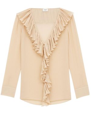 Saint Laurent Ruffled V-Neck Blouse - Natural