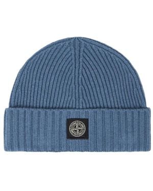 Stone Island Logo-Patch Ribbed-Knit Beanie Hat - Blue