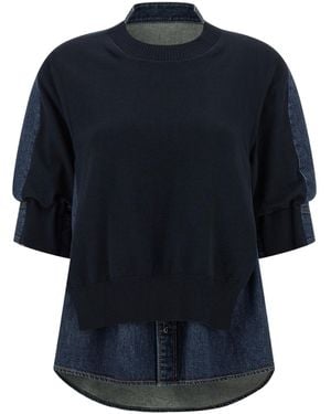 Sacai Denim-Panelled Crewneck Jumper - Blue