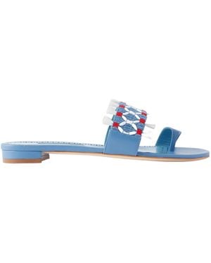 Manolo Blahnik Brava Raffia-Trimmed Crocheted Leather Sandals - Blue