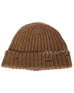Marni Hand-Stitched Logo Ribbed Beanie - Brown