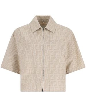 Fendi Ff Chambray Zipped Cropped Jacket - Natural