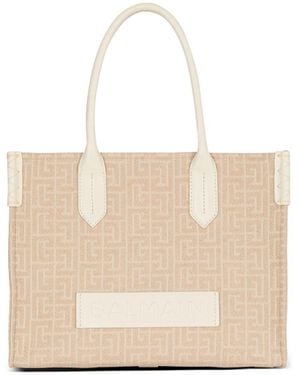 Balmain B-Army 36 Monogrammed Canvas Jacquard And Leather Tote Bag - Natural