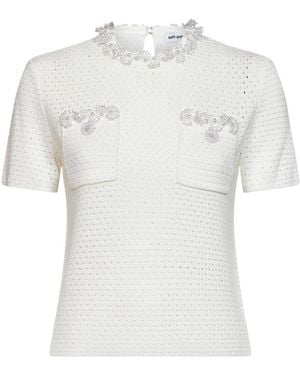 Self-Portrait Short-Sleeved Knit Top - White