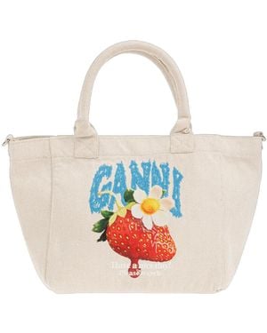 Ganni Strawberry Printed Small Tote Bag - White