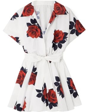 Norma Kamali Pleated Floral-Print Satin Mini Wrap Dress - Red