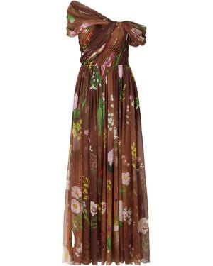 Oscar de la Renta Off-The-Shoulder Pleated Floral-Print Silk-Chiffon Gown - Brown