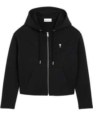 Ami Paris Ami De Coeur Zip-Up Drawstring Hoodie - Black