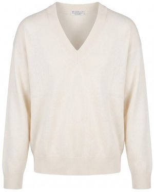 Brunello Cucinelli V-Neck Cashmere Sweater - White