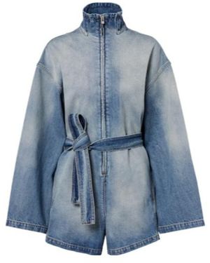 Alaïa Belted Cotton Denim Romper - Blue